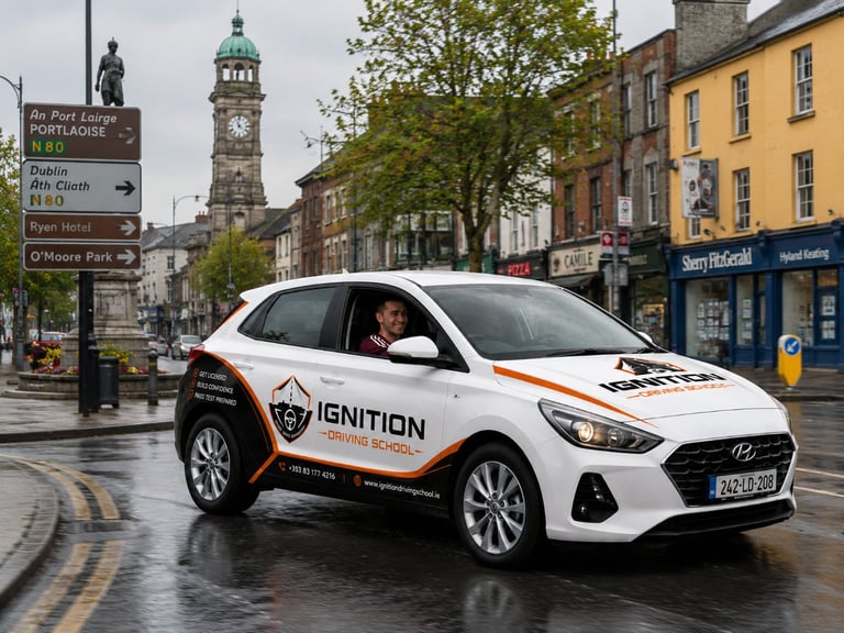 White Hyundai i10 with orange Ignition branding parked on wet Dublin street with historic clock tower in background