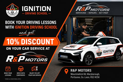 Ignition Driving School promotional flyer offering 10% discount on car services at R&P Motors with driving lesson icons and contact details.