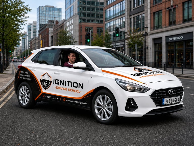 White Hyundai vehicle with Ignition branding parked on urban street with buildings in background
