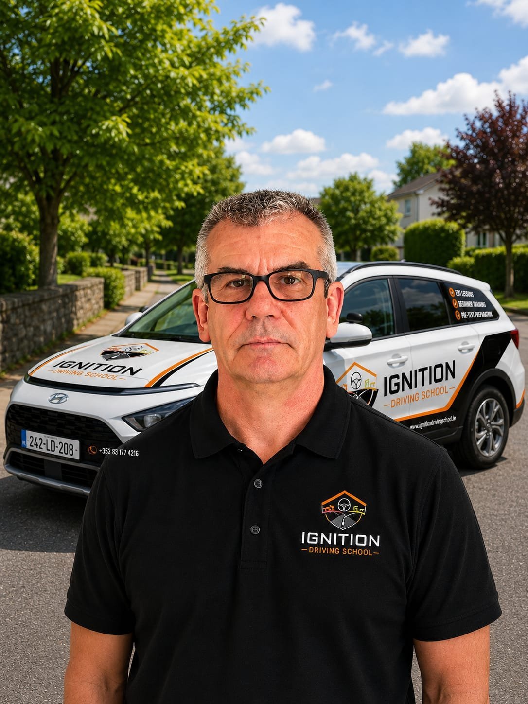 Professional man wearing black IGNITION polo shirt and glasses standing in front of white branded vehicles on a residential street