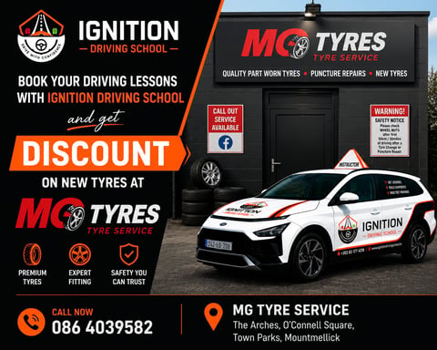 Promotional flyer for Ignition Driving School offering discounts on new tyres at MG Tyre Service with contact details and location information