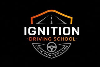 Ignition Driving School logo with orange road roof, steering wheel, and tagline Drive with Confidence on black background