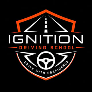 Ignition Driving School logo featuring an orange and white shield with a steering wheel, road markings, and Drive with Confidence tagline